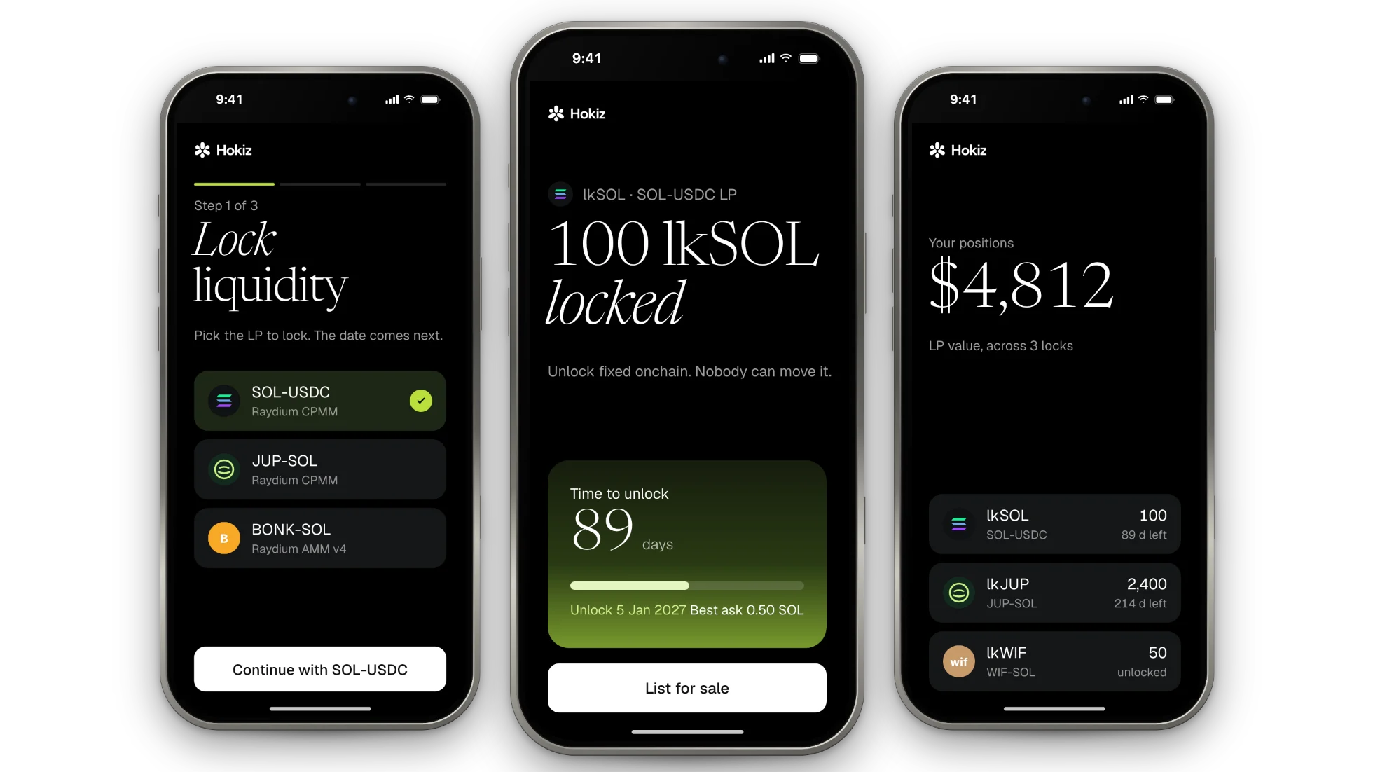 Hokiz app on three iPhones: the lock form, a position page with its order book, your positions